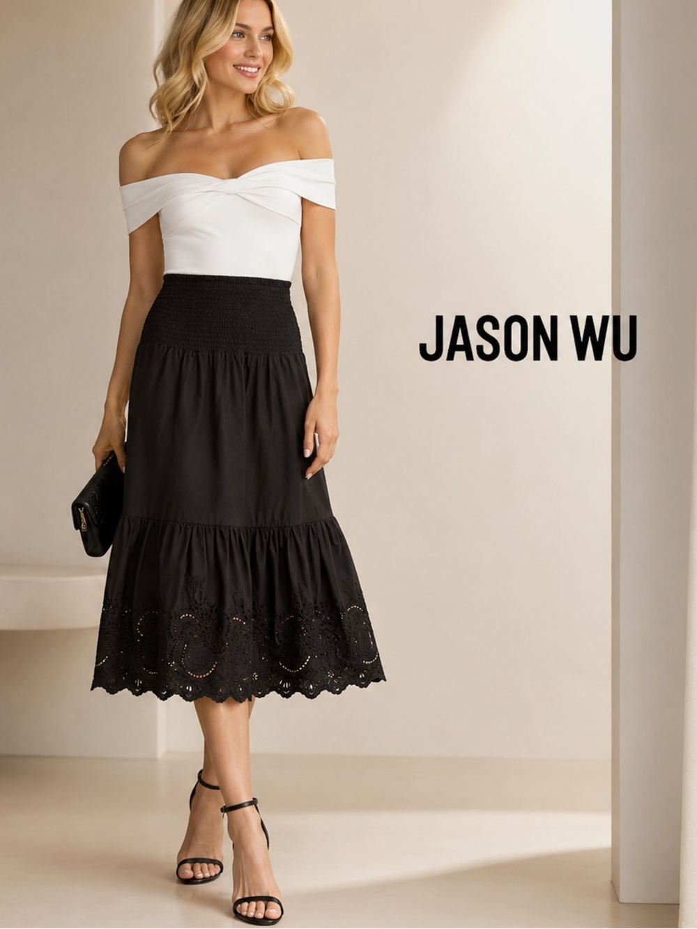 🌸Jason Wu Black Eyelet-Tiered Smocked-Waist Midi Skirt size M Minimalist Preppy